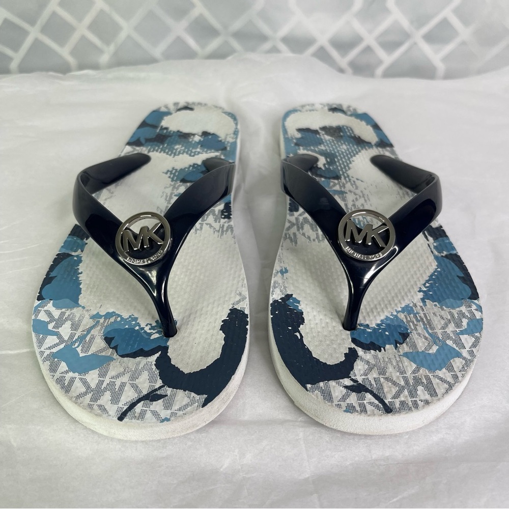 Michael Kors Black Blue Logo Patterned Flip Flop Sandals Women’s Size 9M